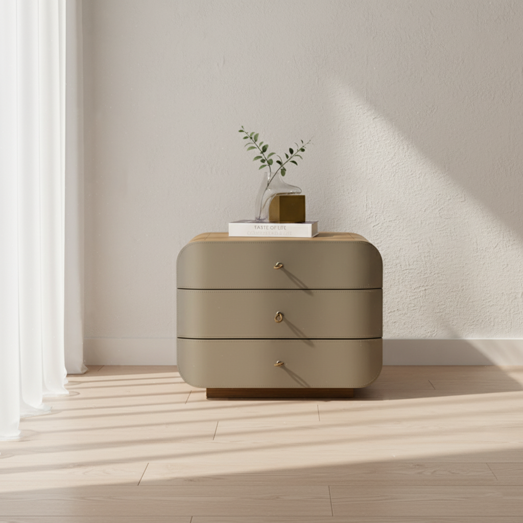 Modern Minimalist E1 MDF Frame Walnut Veneer Nightstand With 3 Drawers Soft Round Edge Bedside Table