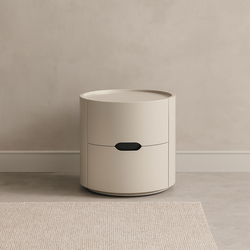 Modern Minimalist Cylinder Plywood & E1 MDF Nightstand With Double Storage Drawers And Protective Raised Rim For Bedroom