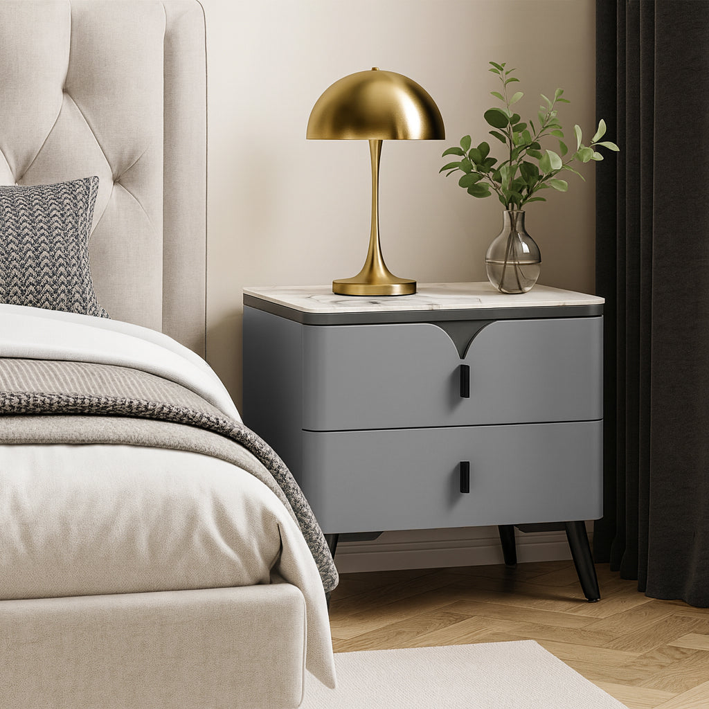 Modern Luxury Rectangular E1 MDF Nightstand With Sintered Stone Top & 2 Drawers For Bedroom