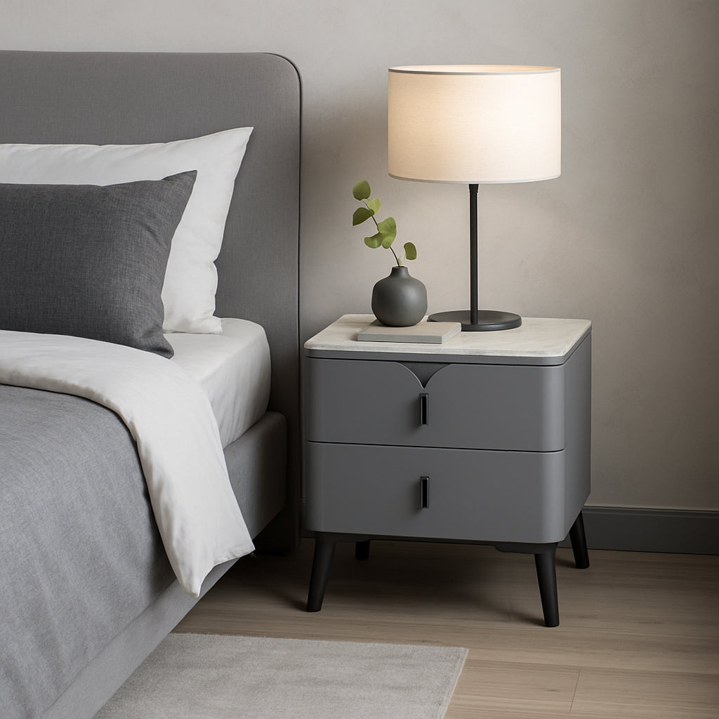 Modern Luxury Rectangular E1 MDF Nightstand With Sintered Stone Top & 2 Drawers For Bedroom