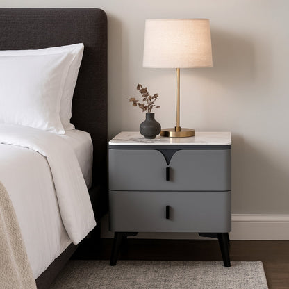 Modern Luxury Rectangular E1 MDF Nightstand With Sintered Stone Top & 2 Drawers For Bedroom