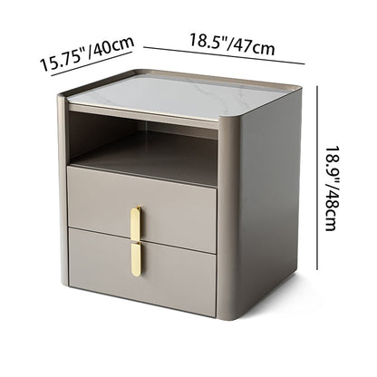 Modern Luxury Rectangular Rounded Corner E1 MDF Stone Slab Nightstand With 2 Drawers For Bedroom