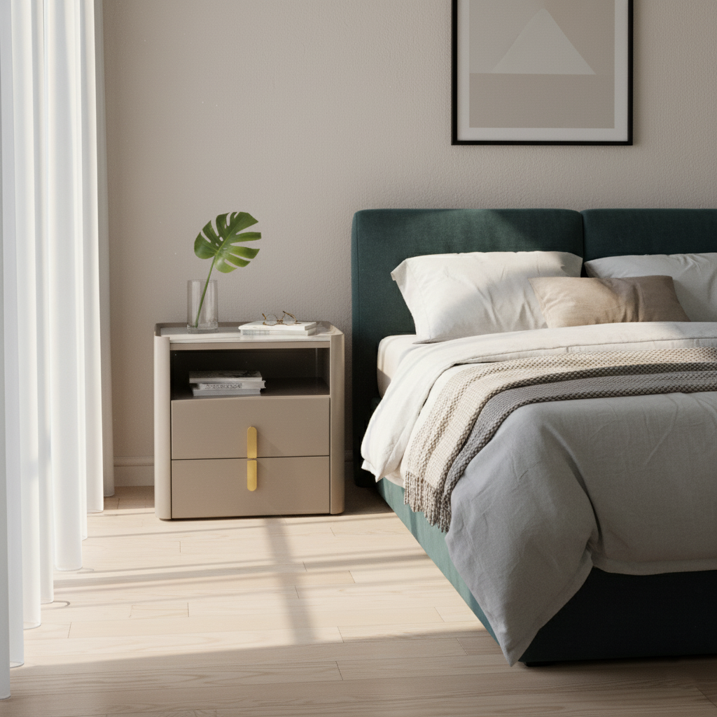 Modern Luxury Rectangular Rounded Corner E1 MDF Stone Slab Nightstand With 2 Drawers For Bedroom