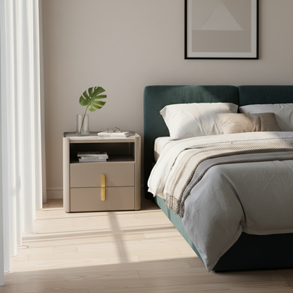 Modern Luxury Rectangular Rounded Corner E1 MDF Stone Slab Nightstand With 2 Drawers For Bedroom