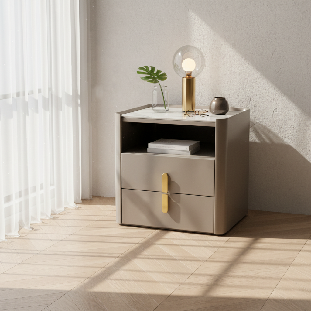 Modern Luxury Rectangular Rounded Corner E1 MDF Stone Slab Nightstand With 2 Drawers For Bedroom