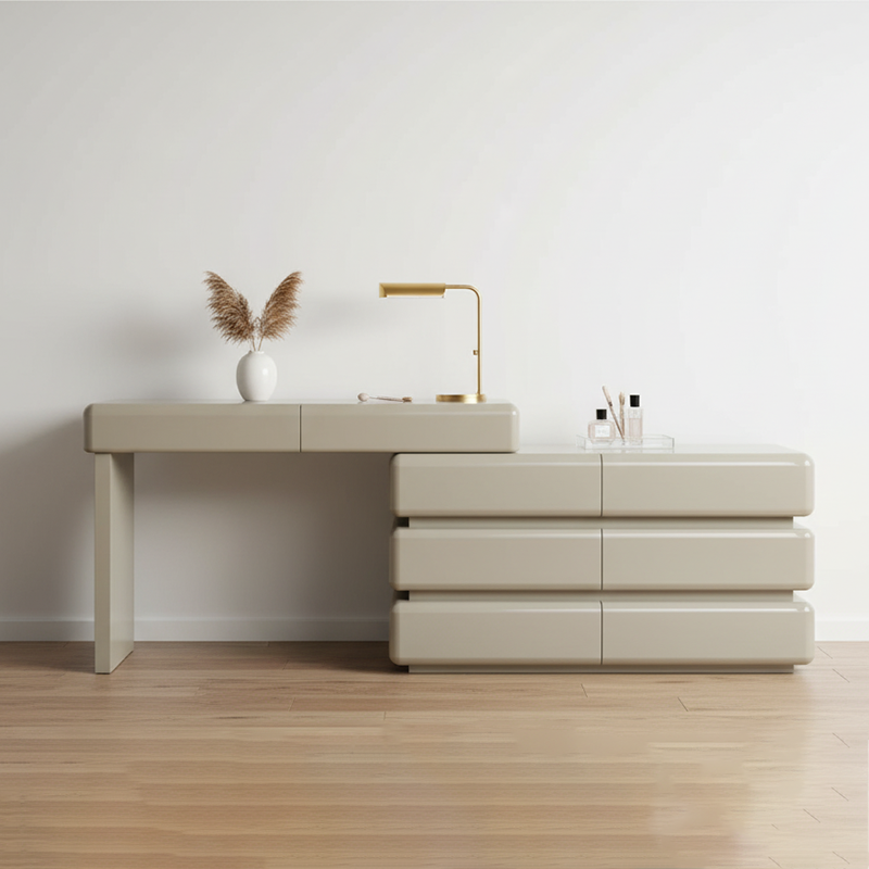 Modern Minimalist Khaki Makeup Vanity With 5/8-Drawer Chest - Solid Wood Plywood Dresser & Makeup Desk For Bedroom