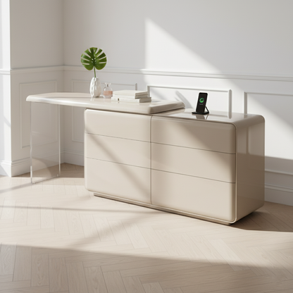 Modern Minimalist Khaki Makeup Vanity With Acrylic Legs & 6-Drawer Storage Cabinet - E1 MDF Makeup Desk For Bedroom