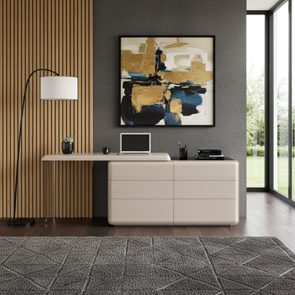 Modern Minimalist Khaki Makeup Vanity With Acrylic Legs & 6-Drawer Storage Cabinet - E1 MDF Makeup Desk For Bedroom
