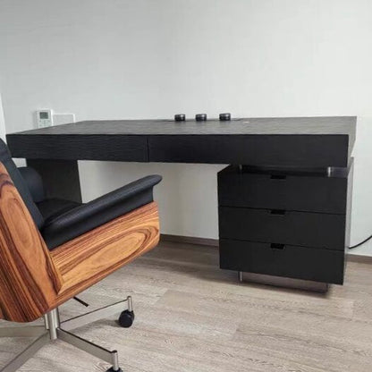 Modern Minimalist Oak Wood Rectangular Desk With Wireless Charging & 5 Drawers For Bedroom & Home Office