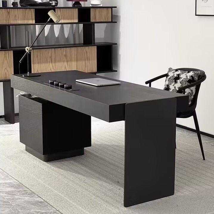 Modern Minimalist Oak Wood Rectangular Desk With Wireless Charging & 5 Drawers For Bedroom & Home Office