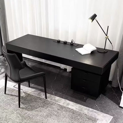 Modern Minimalist Oak Wood Rectangular Desk With Wireless Charging & 5 Drawers For Bedroom & Home Office