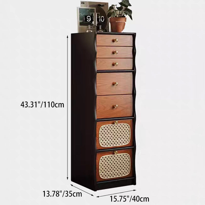 Contemporary Retro Solid Wood & Plywood Rectangular Rattan Weaving Storage Cabinet With 7-Drawer Organizer For Living Room