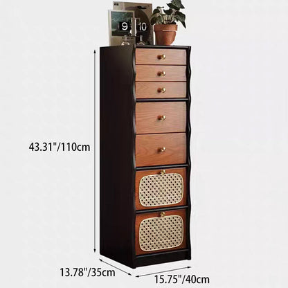 Contemporary Retro Solid Wood & Plywood Rectangular Rattan Weaving Storage Cabinet With 7-Drawer Organizer For Living Room