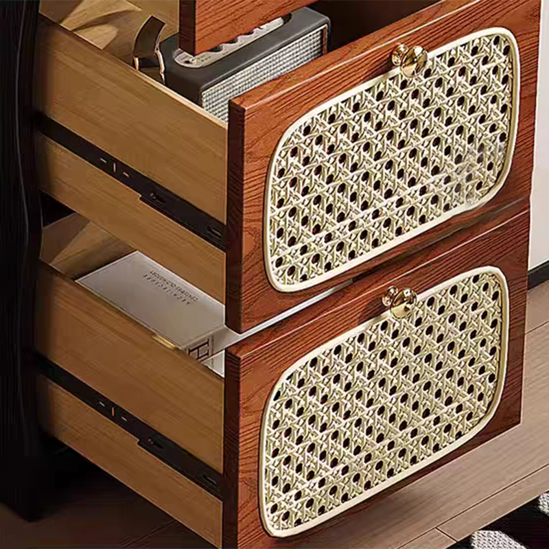 Contemporary Retro Solid Wood & Plywood Rectangular Rattan Weaving Storage Cabinet With 7-Drawer Organizer For Living Room