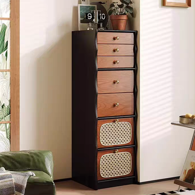 Contemporary Retro Solid Wood & Plywood Rectangular Rattan Weaving Storage Cabinet With 7-Drawer Organizer For Living Room