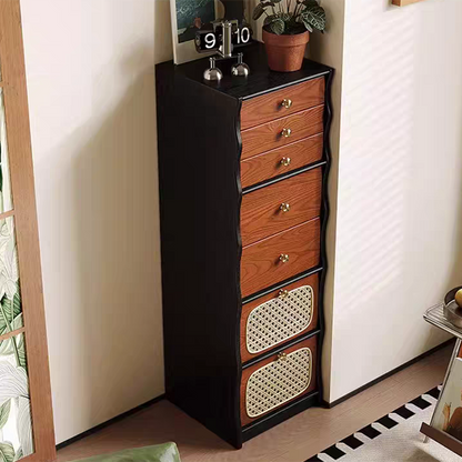 Contemporary Retro Solid Wood & Plywood Rectangular Rattan Weaving Storage Cabinet With 7-Drawer Organizer For Living Room