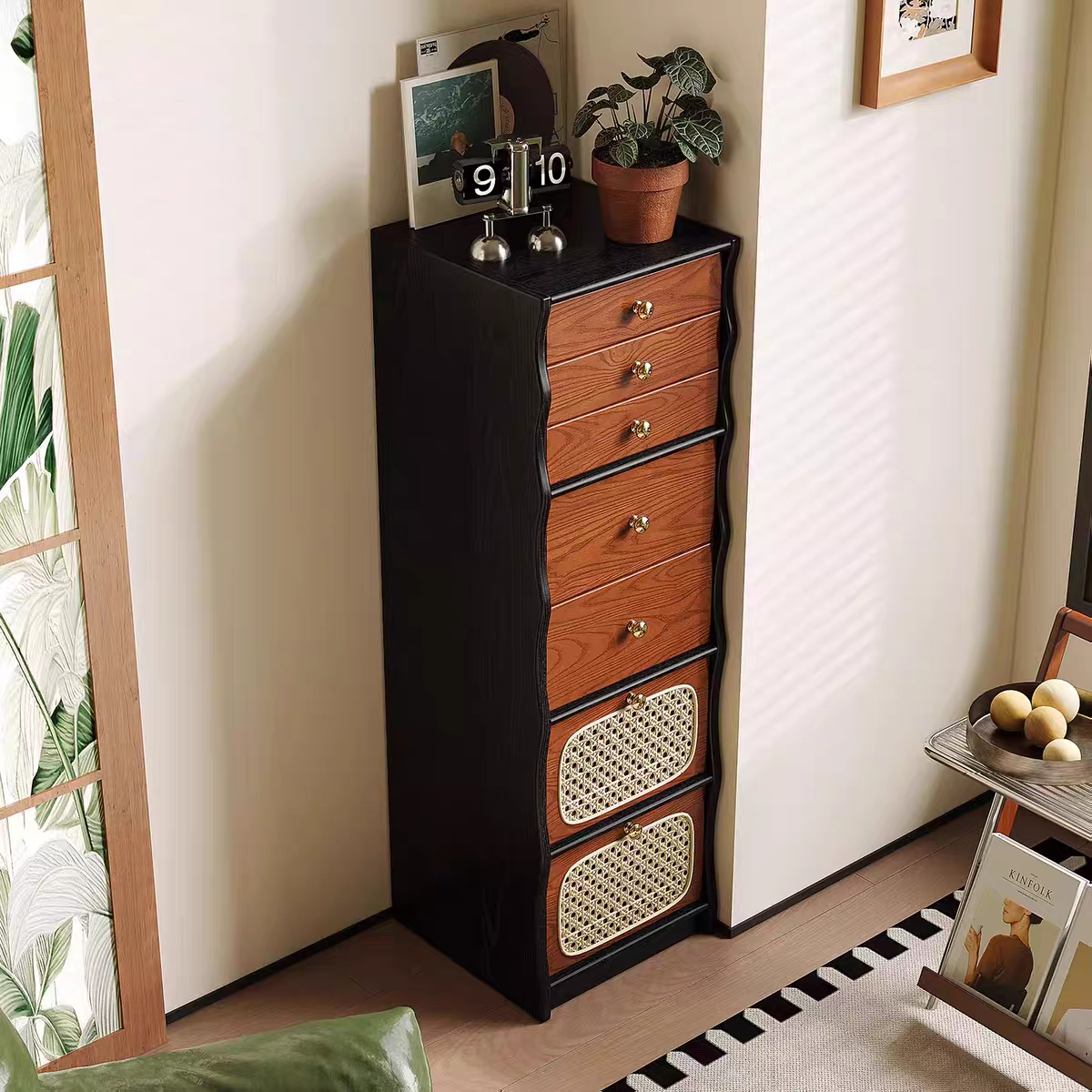Contemporary Retro Solid Wood & Plywood Rectangular Rattan Weaving Storage Cabinet With 7-Drawer Organizer For Living Room