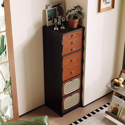 Contemporary Retro Solid Wood & Plywood Rectangular Rattan Weaving Storage Cabinet With 7-Drawer Organizer For Living Room