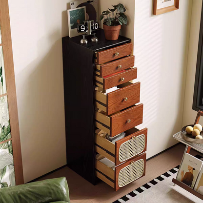 Contemporary Retro Solid Wood & Plywood Rectangular Rattan Weaving Storage Cabinet With 7-Drawer Organizer For Living Room