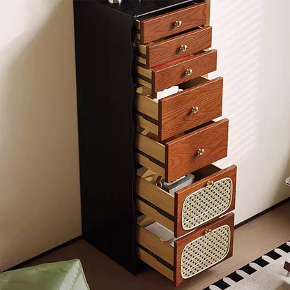 Contemporary Retro Solid Wood & Plywood Rectangular Rattan Weaving Storage Cabinet With 7-Drawer Organizer For Living Room