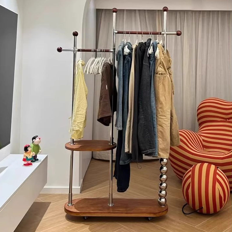 Modern Minimalist Stainless Steel/Carbon Steel & Plywood Oval Freestanding Hall Tree With Double Hanging Bars For Bedroom