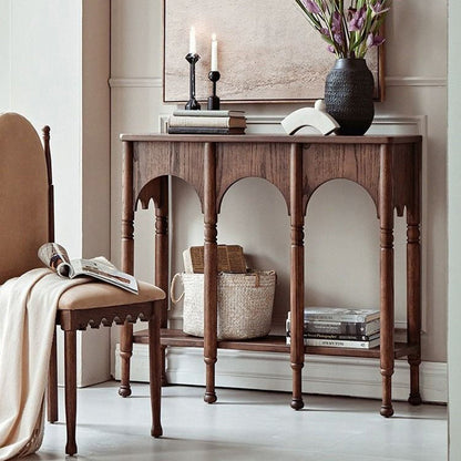 Traditional French Solid Ash Wood Rectangular Console Table With 2-Tier Storage For Entryway & Living Room