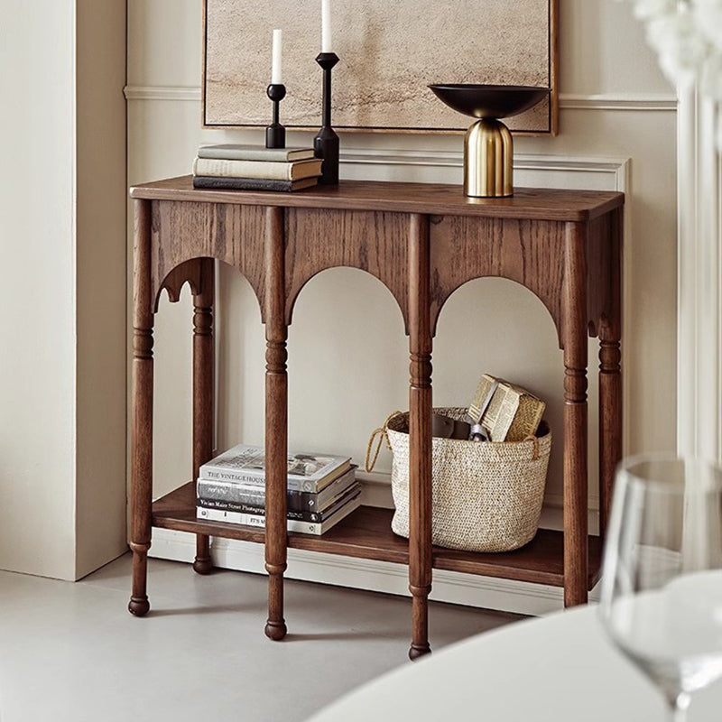 Traditional French Solid Ash Wood Rectangular Console Table With 2-Tier Storage For Entryway & Living Room