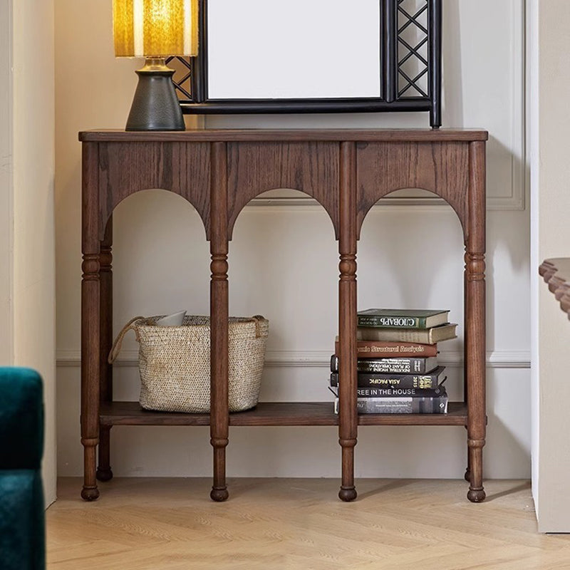 Traditional French Solid Ash Wood Rectangular Console Table With 2-Tier Storage For Entryway & Living Room