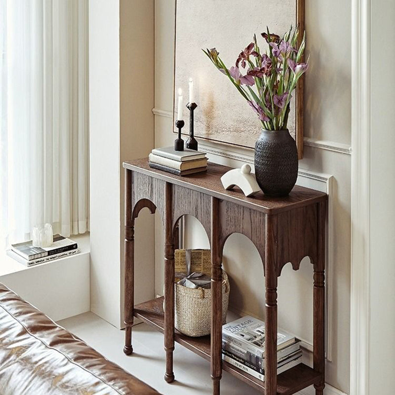 Traditional French Solid Ash Wood Rectangular Console Table With 2-Tier Storage For Entryway & Living Room