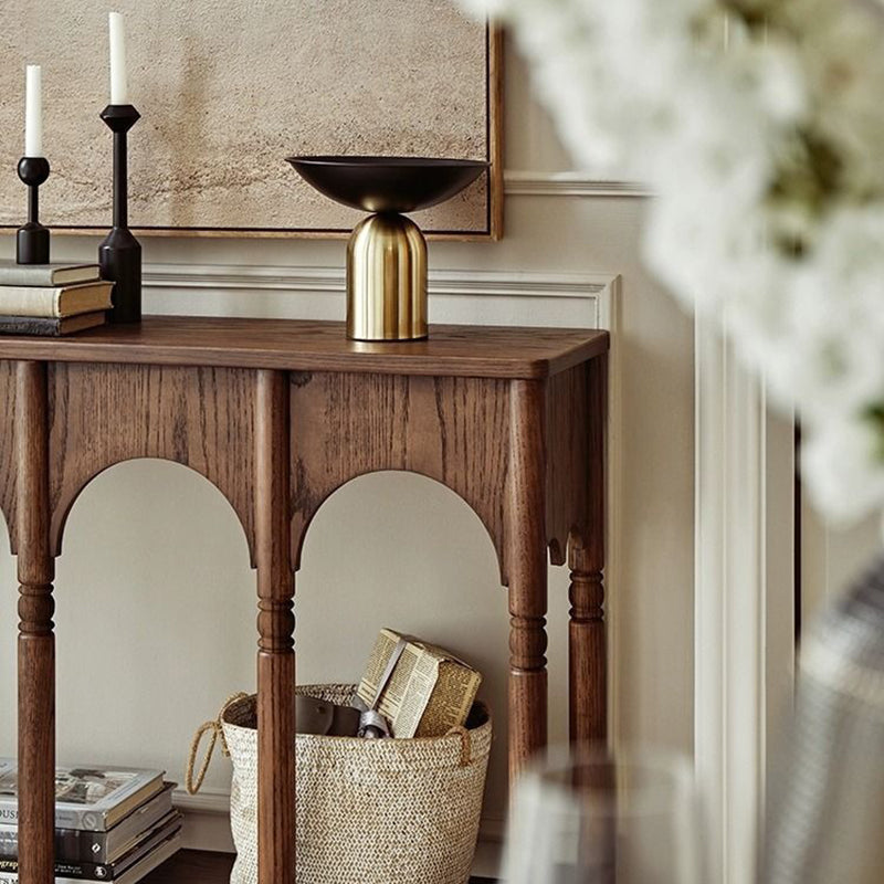Traditional French Solid Ash Wood Rectangular Console Table With 2-Tier Storage For Entryway & Living Room
