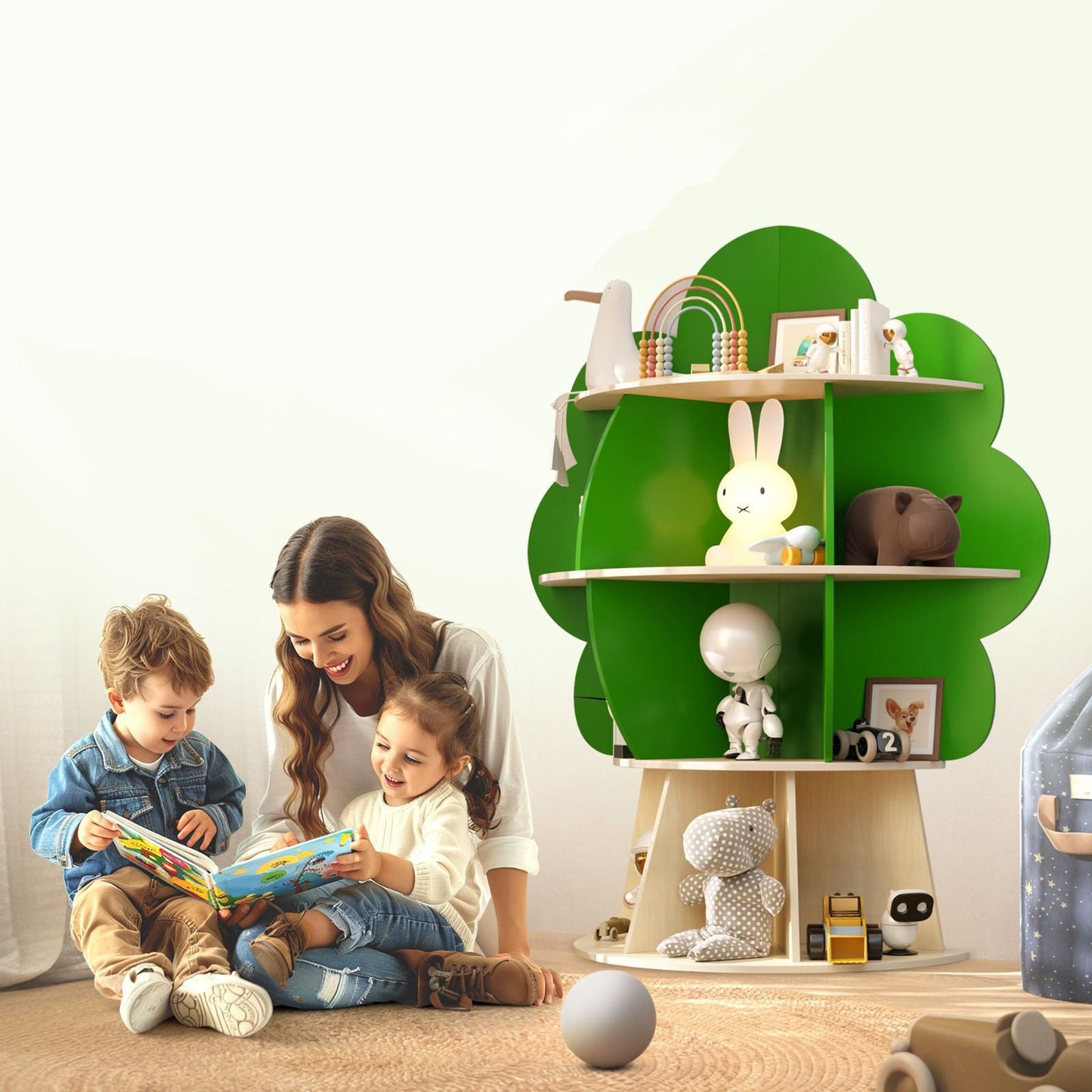 Contemporary Creative Solid Wood Plywood Tree-Shaped Kids Storage Shelf 4-Tier 10-Cubby For Bedroom & Living Room