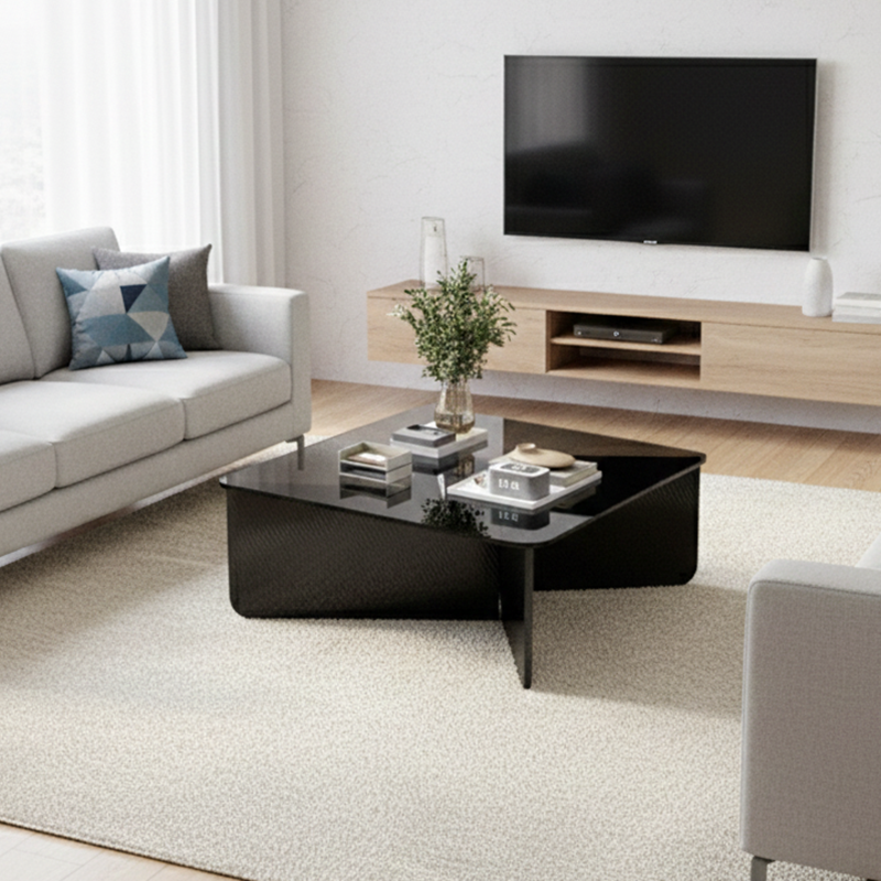 Modern Minimalist Tempered Glass & Solid Wood Plywood Square Coffee Table For Living Room