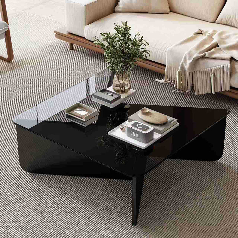 Modern Minimalist Tempered Glass & Solid Wood Plywood Square Coffee Table For Living Room
