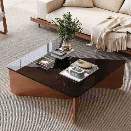 Modern Minimalist Tempered Glass & Solid Wood Plywood Square Coffee Table For Living Room