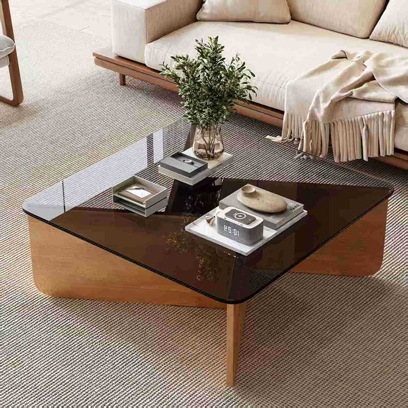 Modern Minimalist Tempered Glass & Solid Wood Plywood Square Coffee Table For Living Room