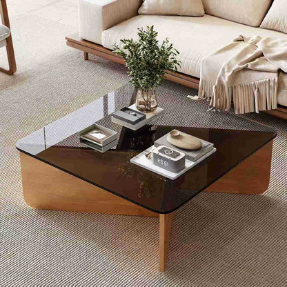 Modern Minimalist Tempered Glass & Solid Wood Plywood Square Coffee Table For Living Room