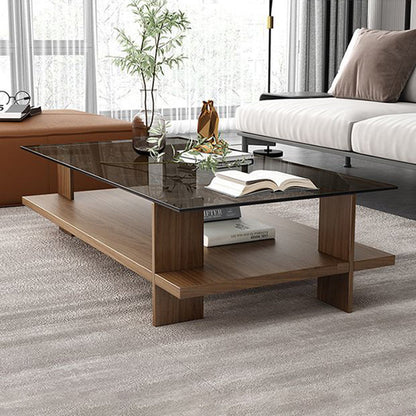 Modern Minimalist Tempered Glass & Particle Board Rectangular Coffee Table 2-Tier For Living Room