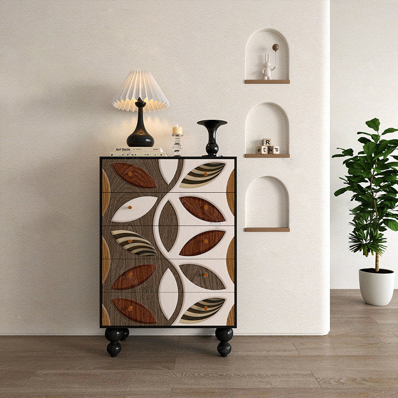 Contemporary Creative Solid Wood Artistic Storage Cabinet With Carved Drawer Fronts, 5-Drawer For Living Room