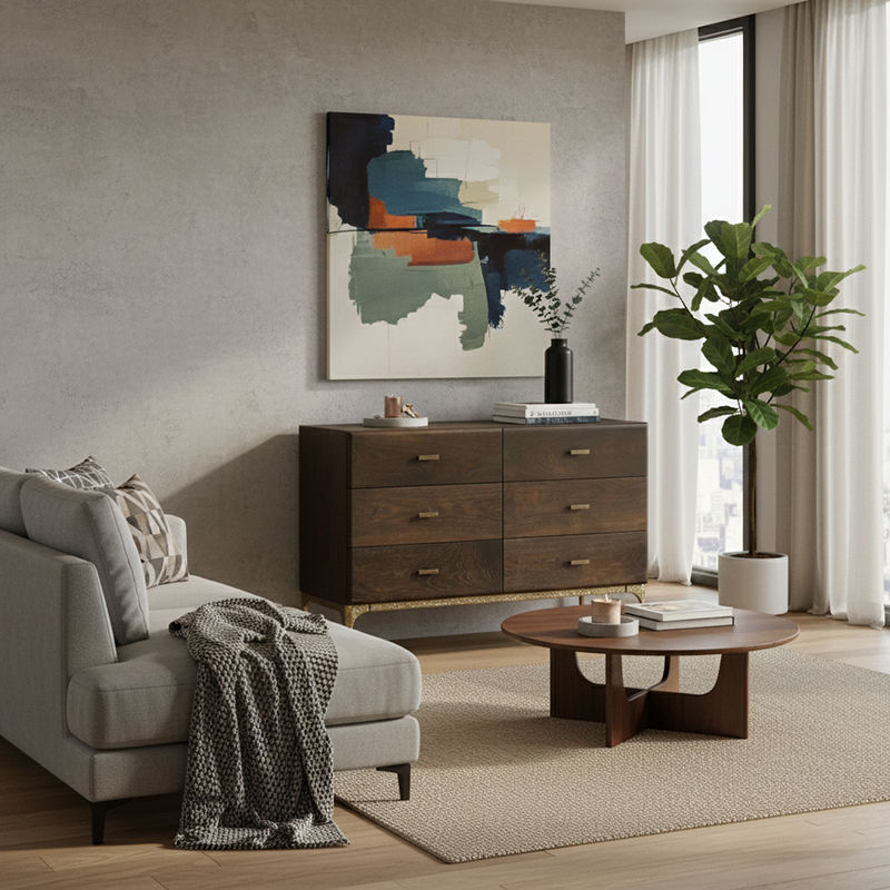 Contemporary Retro Solid Oak Wood & Iron Storage Cabinet With 6-Drawer For Living Room