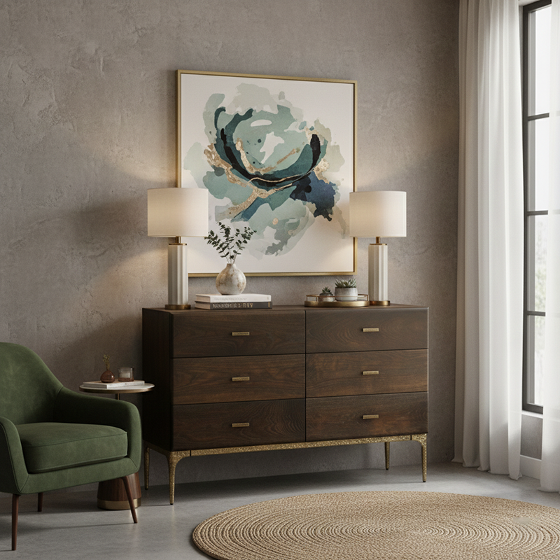 Contemporary Retro Solid Oak Wood & Iron Storage Cabinet With 6-Drawer For Living Room