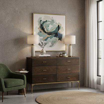 Contemporary Retro Solid Oak Wood & Iron Storage Cabinet With 6-Drawer For Living Room