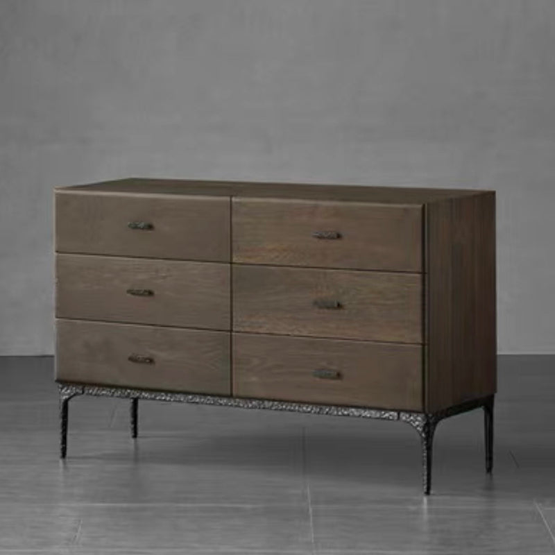 Contemporary Retro Solid Oak Wood & Iron Storage Cabinet With 6-Drawer For Living Room