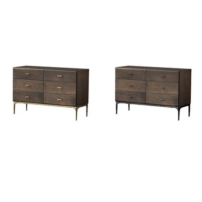 Contemporary Retro Solid Oak Wood & Iron Storage Cabinet With 6-Drawer For Living Room