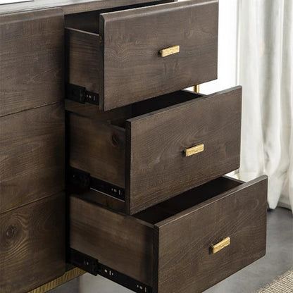 Contemporary Retro Solid Oak Wood & Iron Storage Cabinet With 6-Drawer For Living Room