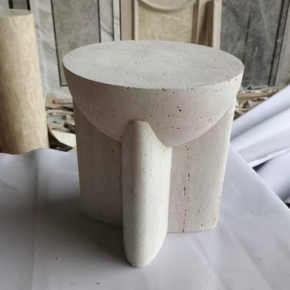 Modern Minimalist Cream Travertine Round Refined Side Table Solid Stone Accent End Table For Living Room & Bedroom