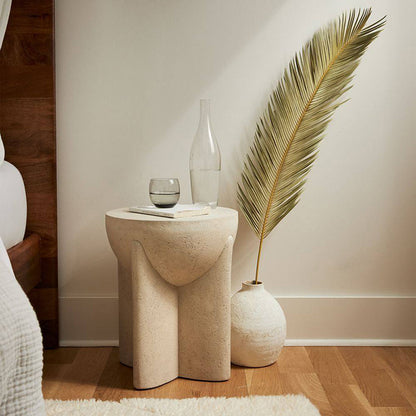 Modern Minimalist Cream Travertine Round Refined Side Table Solid Stone Accent End Table For Living Room & Bedroom
