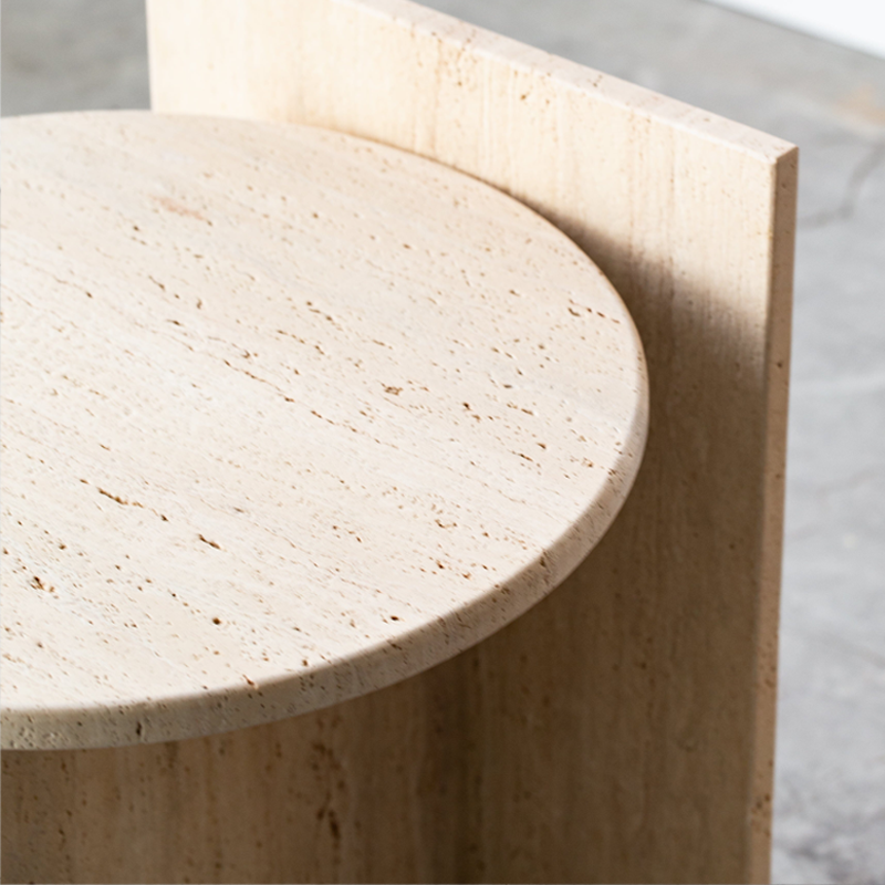 Modern Minimalist Yellow Travertine Round Side Table Sculptural Stone End Table For Living Room & Bedroom