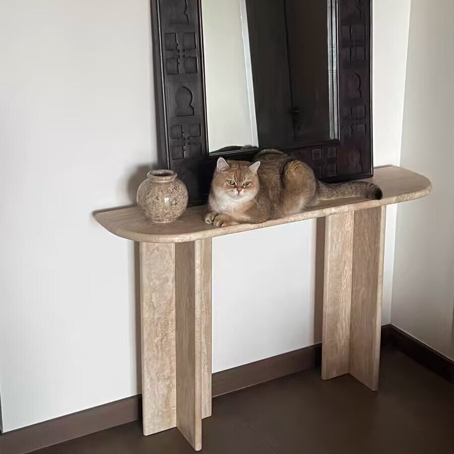 Modern Minimalist Natural Travertine Premium Console Table For Entryway & Living Room
