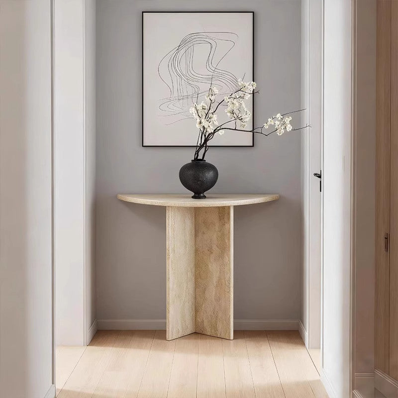 Modern Minimalist Natural Travertine Half Moon Console Table Against The Wall Space-saving For Living Room Entryway
