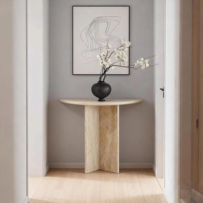 Modern Minimalist Natural Travertine Half Moon Console Table Against The Wall Space-saving For Living Room Entryway
